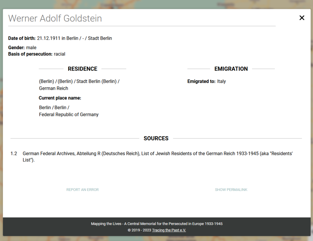 Mapping the Lives - 1939 German Minority Census - entry for Werner Adolf Goldstein