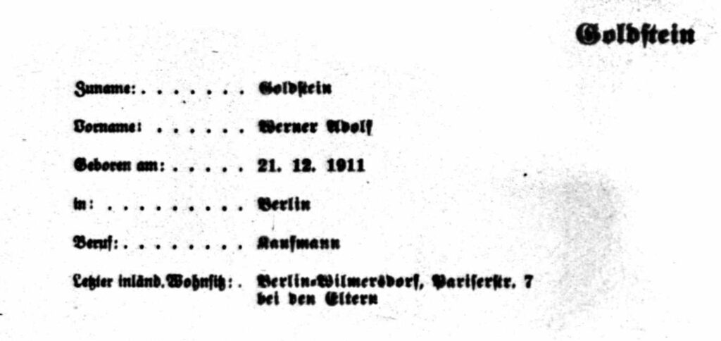 Werner Adolf Goldstein's entry in the Nazi list of those who had their German citizenship revoked
(From Ancestry site)