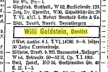 1908 Berlin Address book - entry for Willi Goldstein, Dentist, Americ. Dentalsurgery, SW 68, Kochstraße 8 (previously for 30 years at Oranienstraße).