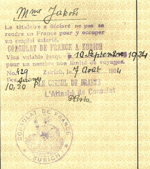 French visa stamp in Grete Jakobs' 1934 Passport.
