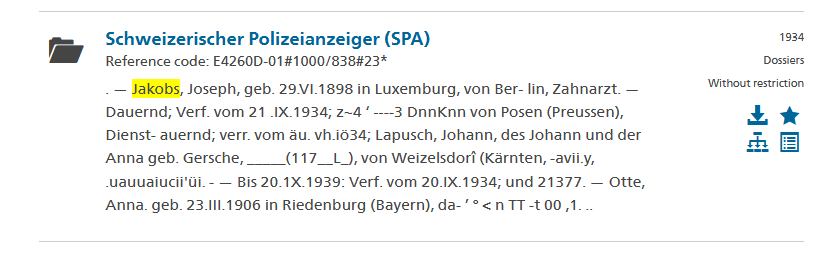 Swiss Archives catalogue entry mentioning Josef Jakobs