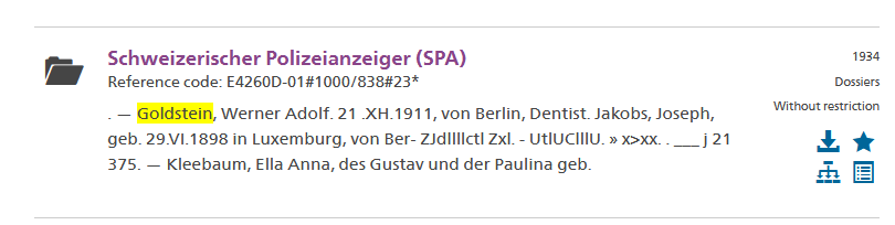 Swiss Archives catalogue entry mentioning Werner Adolf Goldstein