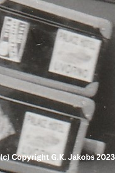 Close-up of the luggage stickers on the trunks on the back of the car, holding the luggage of Josef and Margarete Jakobs and possibly Werner Adolf Goldstein. Label reads "Palace Hotel - Livorno". Copyright G.K. Jakobs 2023.