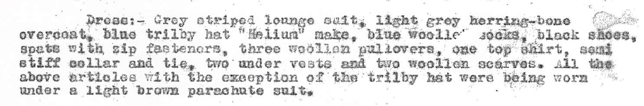 Extract from one of the MI5 files on Josef Jakobs outlining the clothing he was wearing.