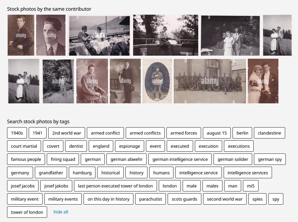 collage of photographs of Josef Jakobs on Alamy along with the keywords