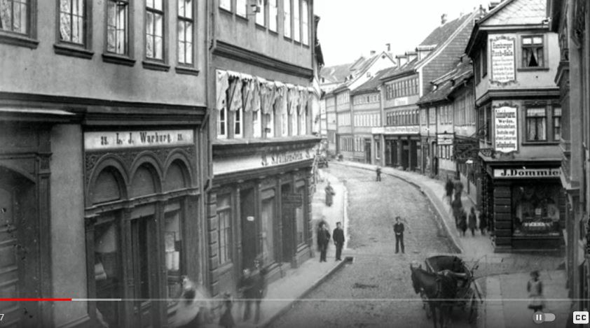 Nordhausen, Harz Mountains - birthplace of Ely Goldsmith - a street scene ca 1880-1890
(From a YouTube video of old Nordhausen photographs)