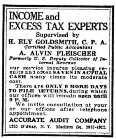 An ad by Accurate Audit Company featured in the 20 March, 1918 edition of the New York Times (page 4).